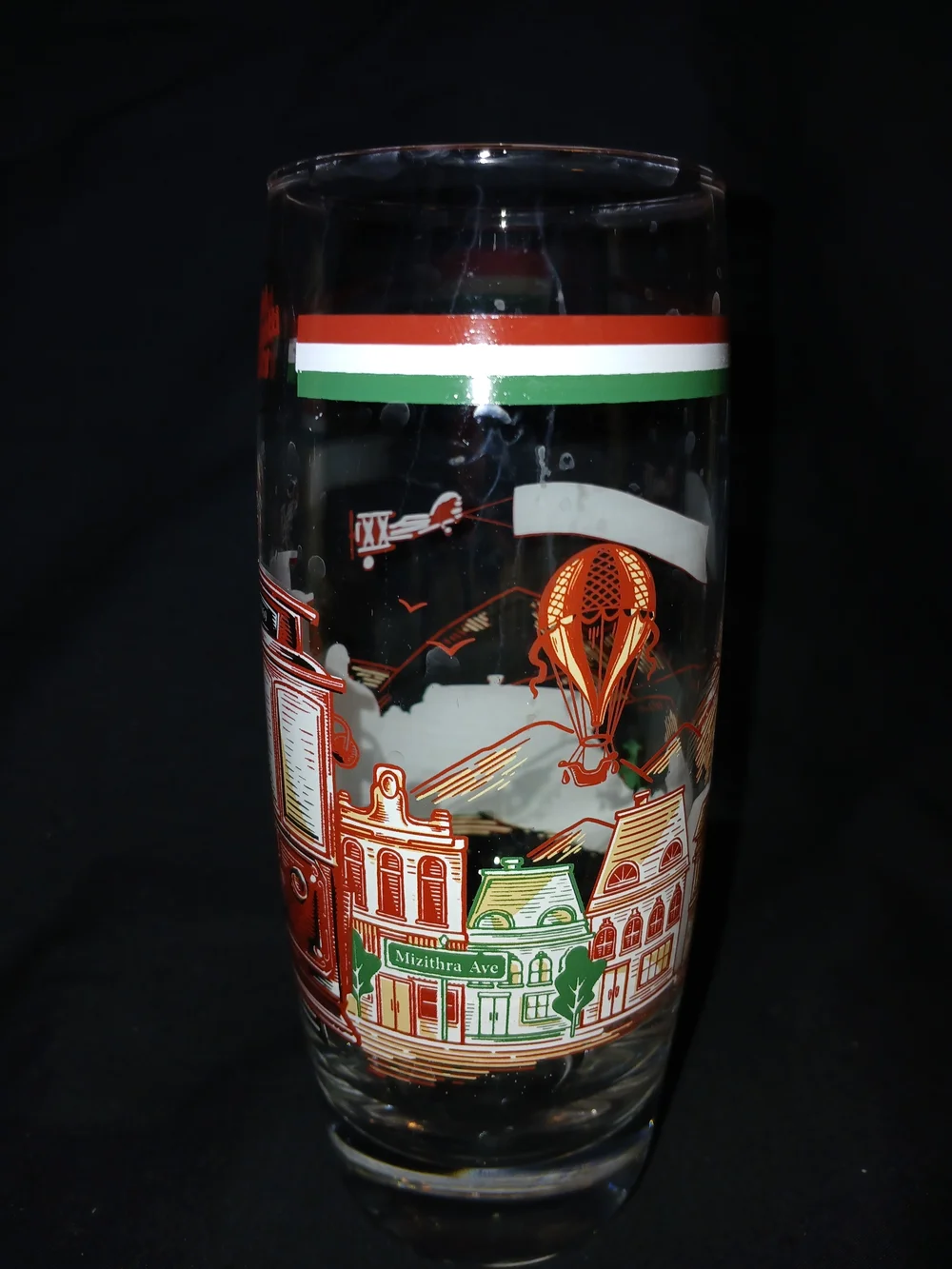 Vintage Tram-Print Tall Drinking Glasses in Red and Teal - Pair